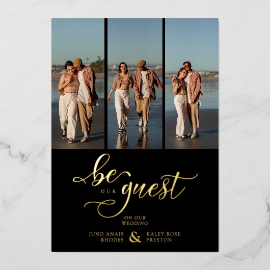 Black Vertical 3 Photos Collage Handwritten Fancy 箔招待状 (正面)