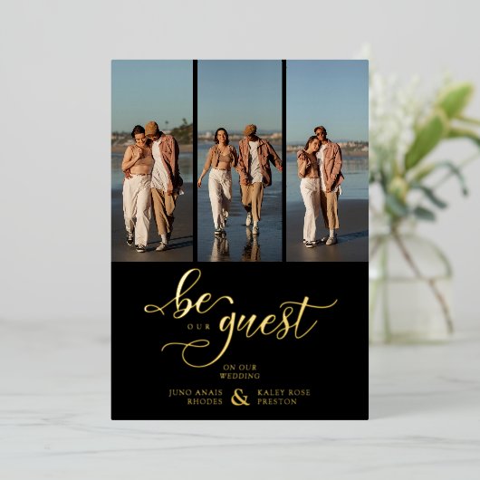 Black Vertical 3 Photos Collage Handwritten Fancy 箔招待状 (立ち正面)