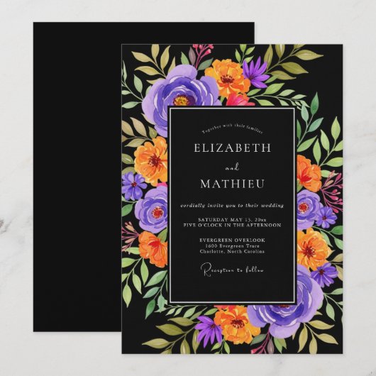 Black Vibrant Botanical Wedding 招待状 (正面/裏面)