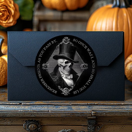 Black Victorian Gothic Skull Etching Memento Mori ラウンドシール