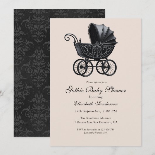 Black Vintage Gothic Stroller Baby Shower   招待状 (正面/裏面)
