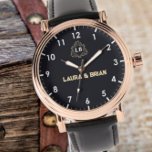 Black Vintage simple Monogram couple names 腕時計<br><div class="desc">Personalized watch with the names of the bride and groom or the couple in love. This watch can be customized by changing the text with the name of the loved one or the wedding date. It can be an ideal gift for newlyweds or for silver or golden wedding anniversaries. Monogram...</div>