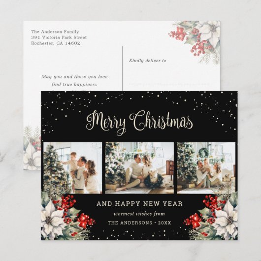 Black Watercolor Botanical Snow Photo Collage シーズンポストカード (正面/裏面)