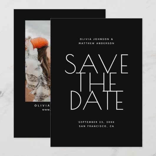 Black Wedding | Clean Typography Photo & QR Code セーブザデート (正面/裏面)