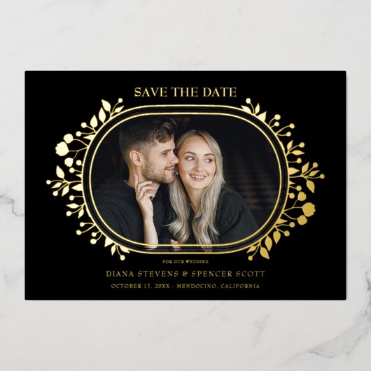 Black Wedding Fancy Ornament Frame Flowers 箔招待状 (正面)