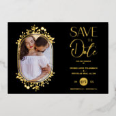 Black Wedding Fancy Ornament Frame Flowers Photo 箔招待状 (正面)