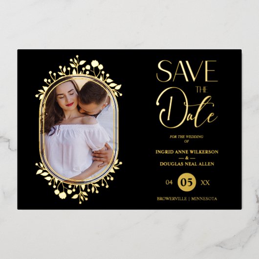 Black Wedding Fancy Ornament Frame Flowers Photo 箔招待状 (正面)