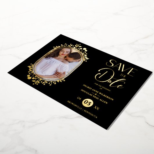 Black Wedding Fancy Ornament Frame Flowers Photo 箔招待状 (回転した状態)