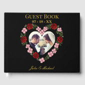 Black wedding guest book with floral hearts ゲストブック (正面)