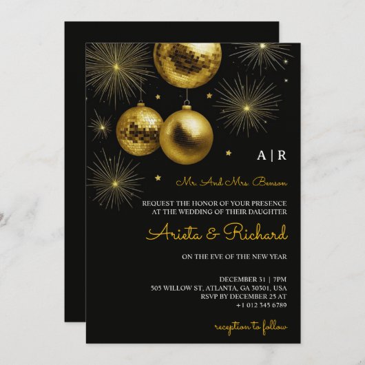 Black wedding invitation with gold text 招待状 (正面/裏面)