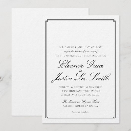 Black Wedding Invitation with Monogram Space 招待状 (正面/裏面)