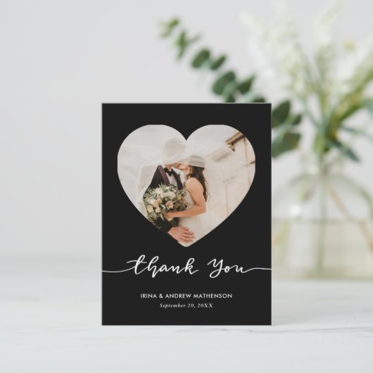 Black Wedding Thank You Script Heart Photo ポストカード (スタンド正面)