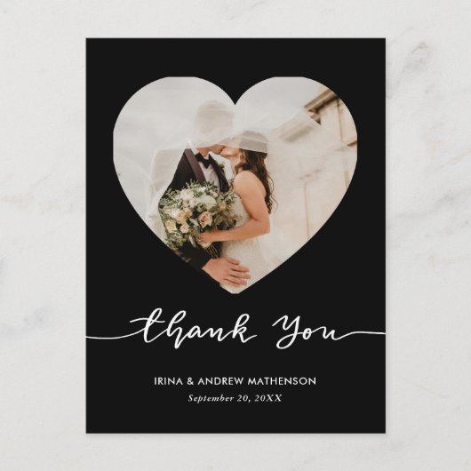 Black Wedding Thank You Script Heart Photo ポストカード (正面)