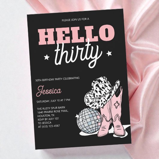 Black Western Disco Cowgirl 30th Birthday Party 招待状