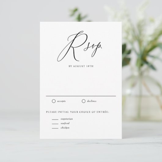 Black Whimsical Calligraphy Wedding 出欠カード (スタンド正面)