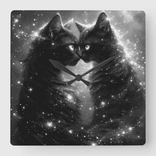 Black Whimsical Cat Clock スクエア壁時計 (正面)
