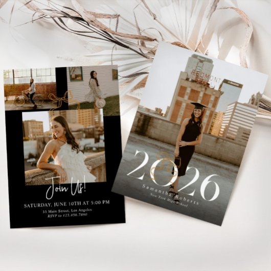 Black & White 2026 Coquette Bow Photo Graduation 招待状