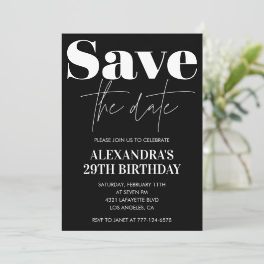 Black White 29th birthday invitation Save the date 招待状 (スタンド正面)