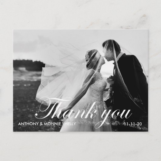 Black & White 2 Photo Wedding Thank You Postcard ポストカード (正面)