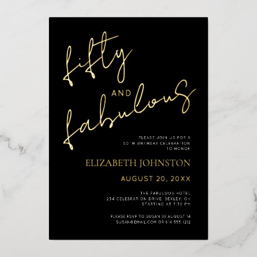 Black White 50 Fabulous Birthday Script Real Gold 箔招待状 (正面)