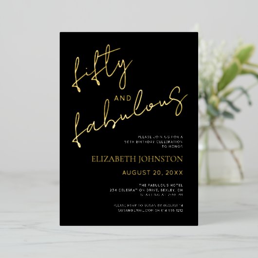 Black White 50 Fabulous Birthday Script Real Gold 箔招待状 (立ち正面)