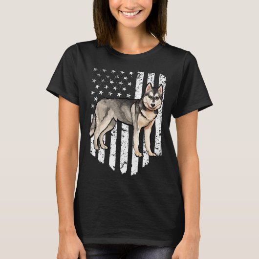Black White American Flag Siberian Husky 4th Of Ju Tシャツ (正面)