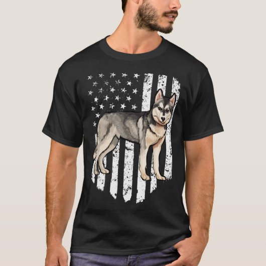 Black White American Flag Siberian Husky 4th Of Ju Tシャツ (正面)