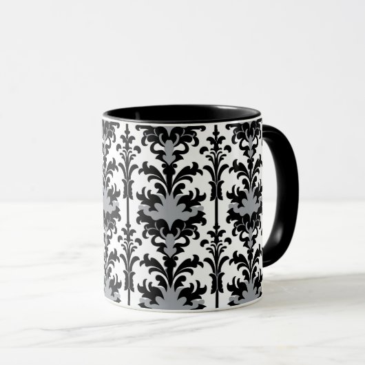 Black White and Grey Floral Damask style マグカップ (正面右)