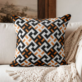 Black White and Orange Geometric Greek Key クッション