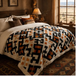 Black White and Orange Geometric Greek Key シェルパブランケット