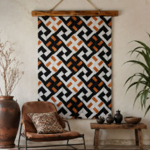 Black White and Orange Geometric Greek Key 
