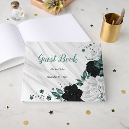 black white and teal flowers gray botanical marble ゲストブック