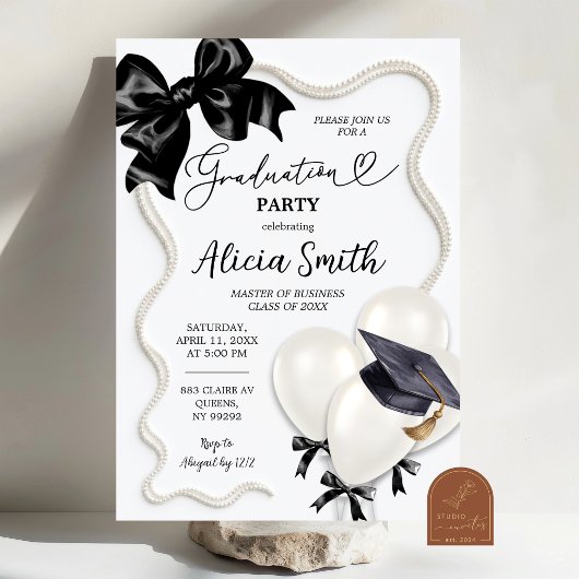 Black White Balloon Graduation Party 招待状