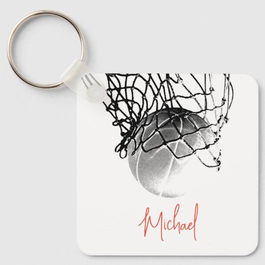 Black & White Basketball Ball & Net Your Name キーホルダー (正面)