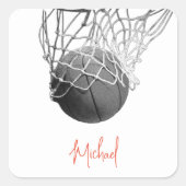 Black & White Basketball Ball & Net Your Name スクエアシール (正面)