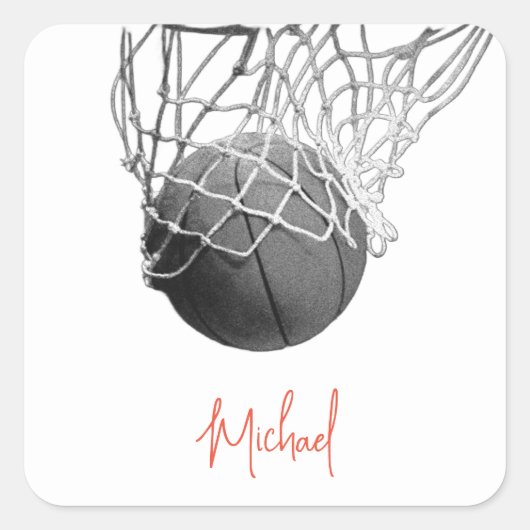 Black & White Basketball Ball & Net Your Name スクエアシール (正面)