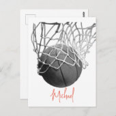 Black & White Basketball Ball & Net Your Name ポストカード (正面/裏面)
