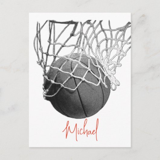 Black & White Basketball Ball & Net Your Name ポストカード (正面)