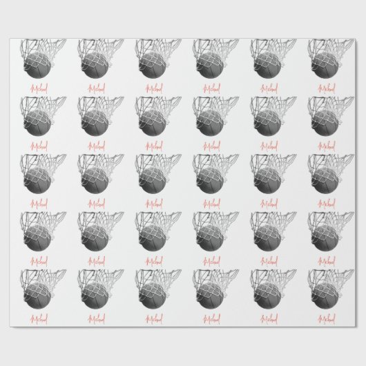 Black & White Basketball Ball & Net Your Name ラッピングペーパー (フラット)