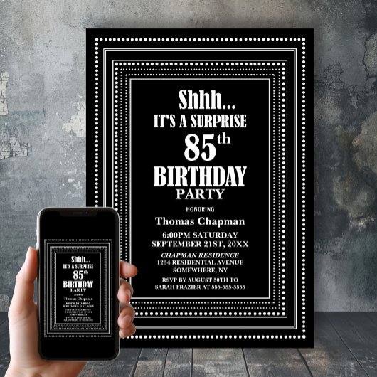 Black White Border Surprise 85th Birthday Party 招待状