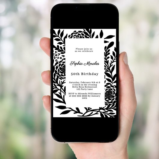 Black white botanical birthday 招待状