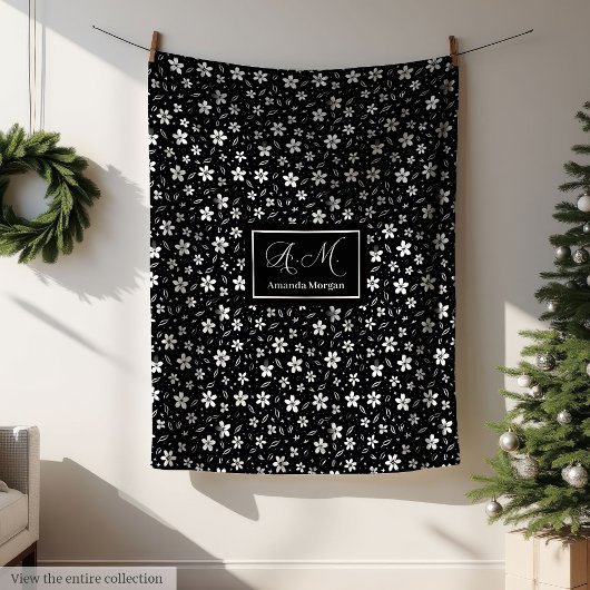 Black White Botanical Blanket Personalized Minimal フリースブランケット