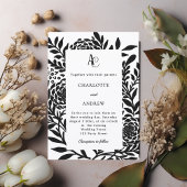 Black white botanical modern monogram wedding 招待状