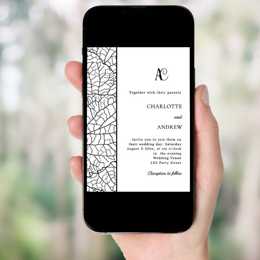 Black white botanical monogram wedding 招待状