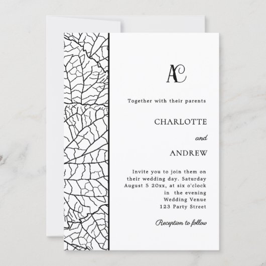 Black white botanical monogram wedding 招待状 (正面)