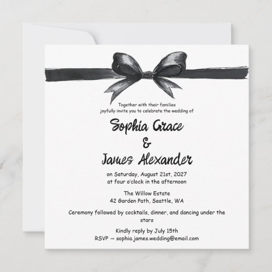 Black & White Bow | Elegant Wedding | Monochrome 招待状 (正面)