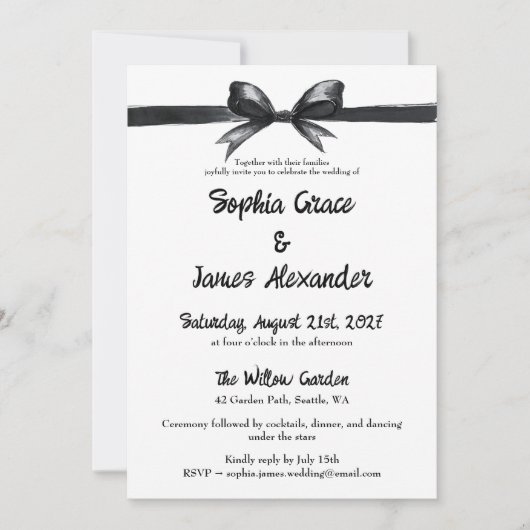 Black & White Bow | Elegant Wedding | Monochrome 招待状 (正面)