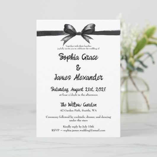 Black & White Bow | Elegant Wedding | Monochrome 招待状 (スタンド正面)