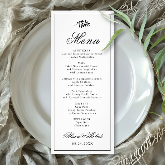 Black white branch Old Money wedding menu card ラックカード