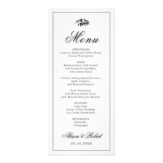 Black white branch Old Money wedding menu card ラックカード (正面)